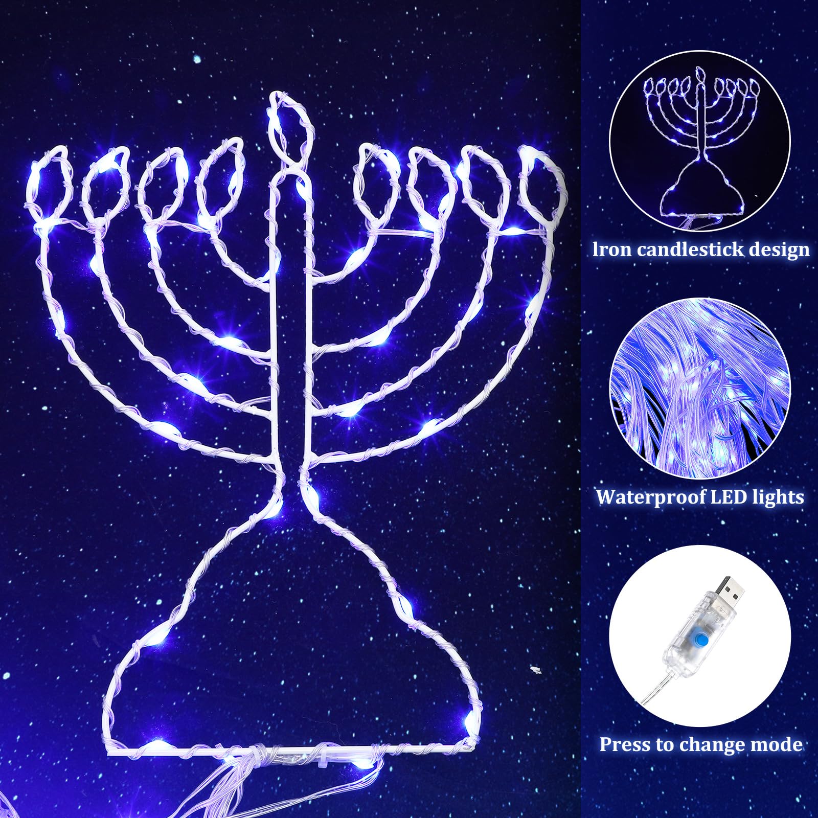 Glooglitter Chanuka światła menory, dekoracja zewnętrzna, 3,5 m, Chanuka, wodospad, światła, niebieska menora, przewód przedłużający LED, zasilany przez USB, na podwórko, patio, ścianę, werandę