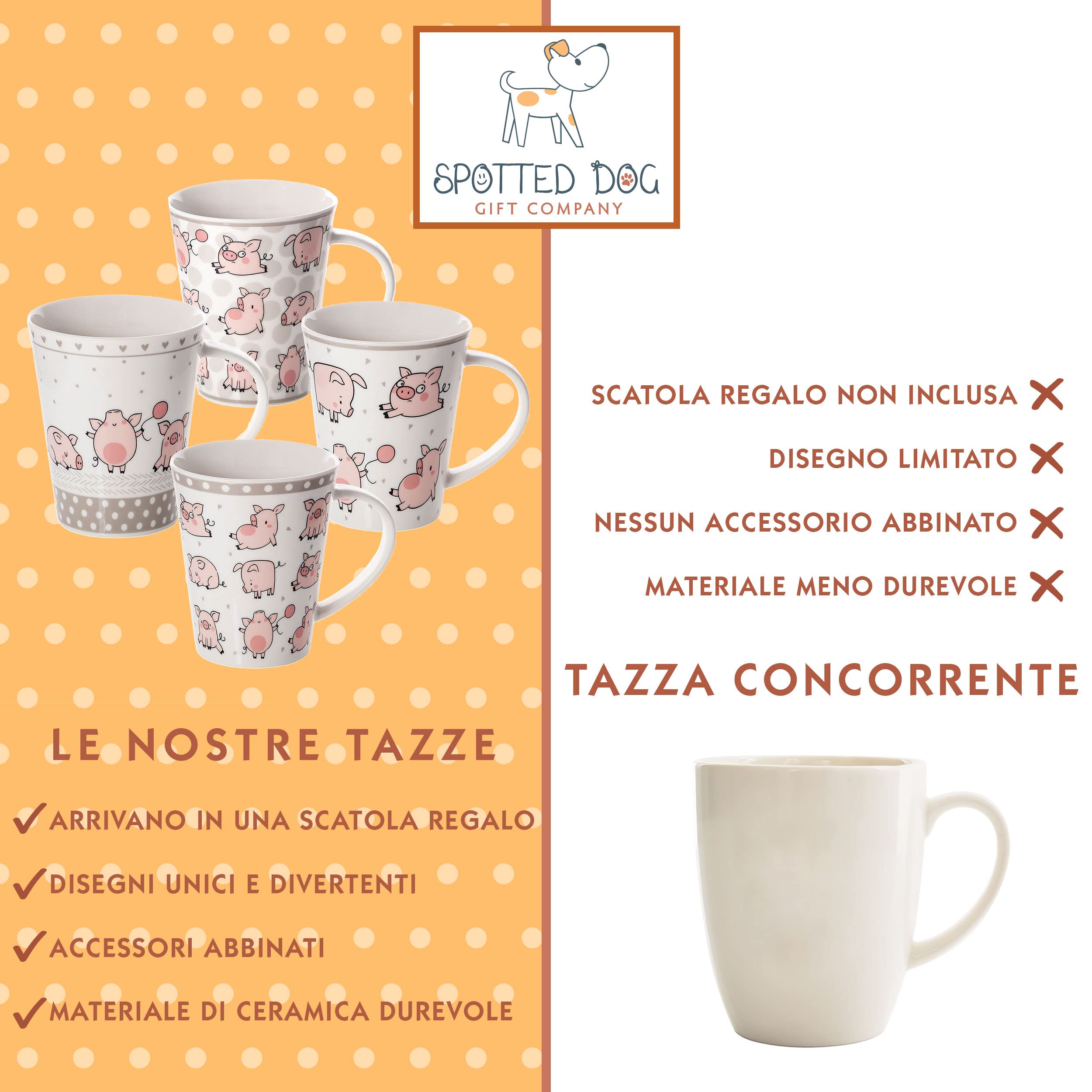 SPOTTED DOG GIFT COMPANY Set di 4 Tazze da Caffè in Ceramica 360 ml per Caffè e Tè, Tazze con Animali a Tema Maialino, Design Divertente e Carino, Regalo con Maialino