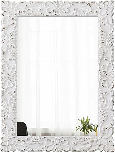 Espejos rectangulares florales vintage para pared de 31 x 23 pulgadas, para colgar con marco de madera tallada blanca envejecida, espejos de baño