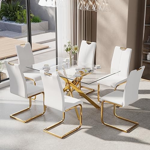 Miniatura 49 de Juego de mesa de comedor de 7 piezas para 6, mesa rectangular moderna de cristal con 6 sillas tapizadas de cuero, juegos de mesa y sillas de comedor