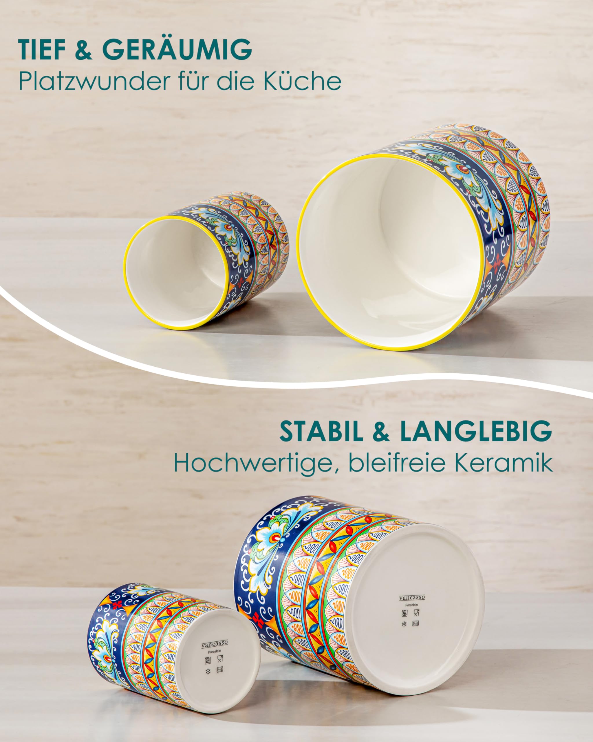 vancasso 2-tlg Küchenutensilienhalter, 18,6 cm + 14 cm Keramik Utensilienhalter im Boho-Stil, Behälter für Küchenutensilien, Kitchen Utensil Holder für Spatel & Löffel, Zenit-Harmonie