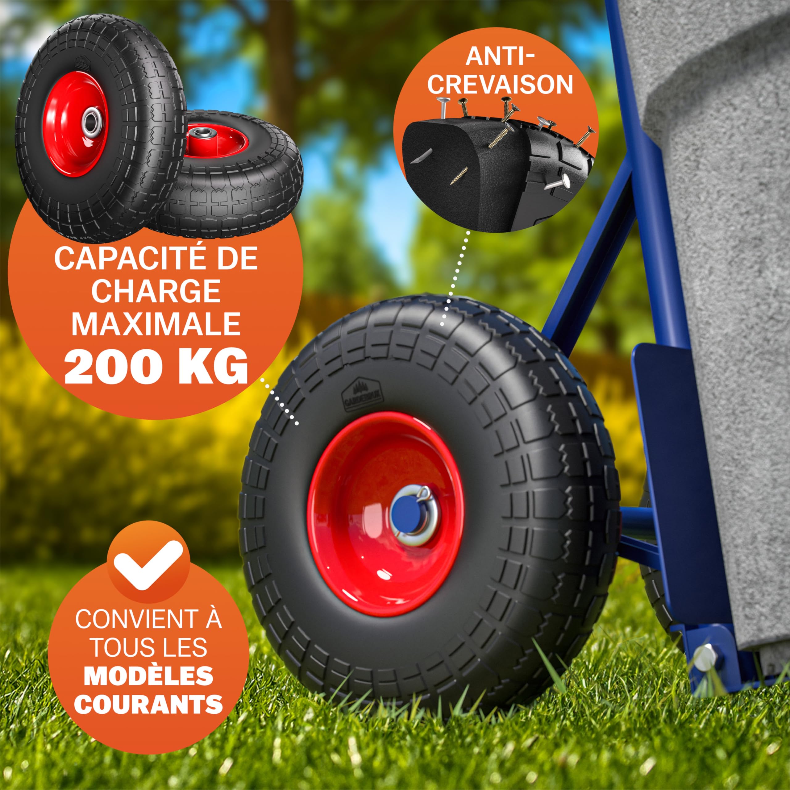 GARDEBRUK® 2x Roue de diable increvable pneus pleins PU charge max. 200kg jante acier axe 20mm facile à monter pneu roue de rechange chariot transport