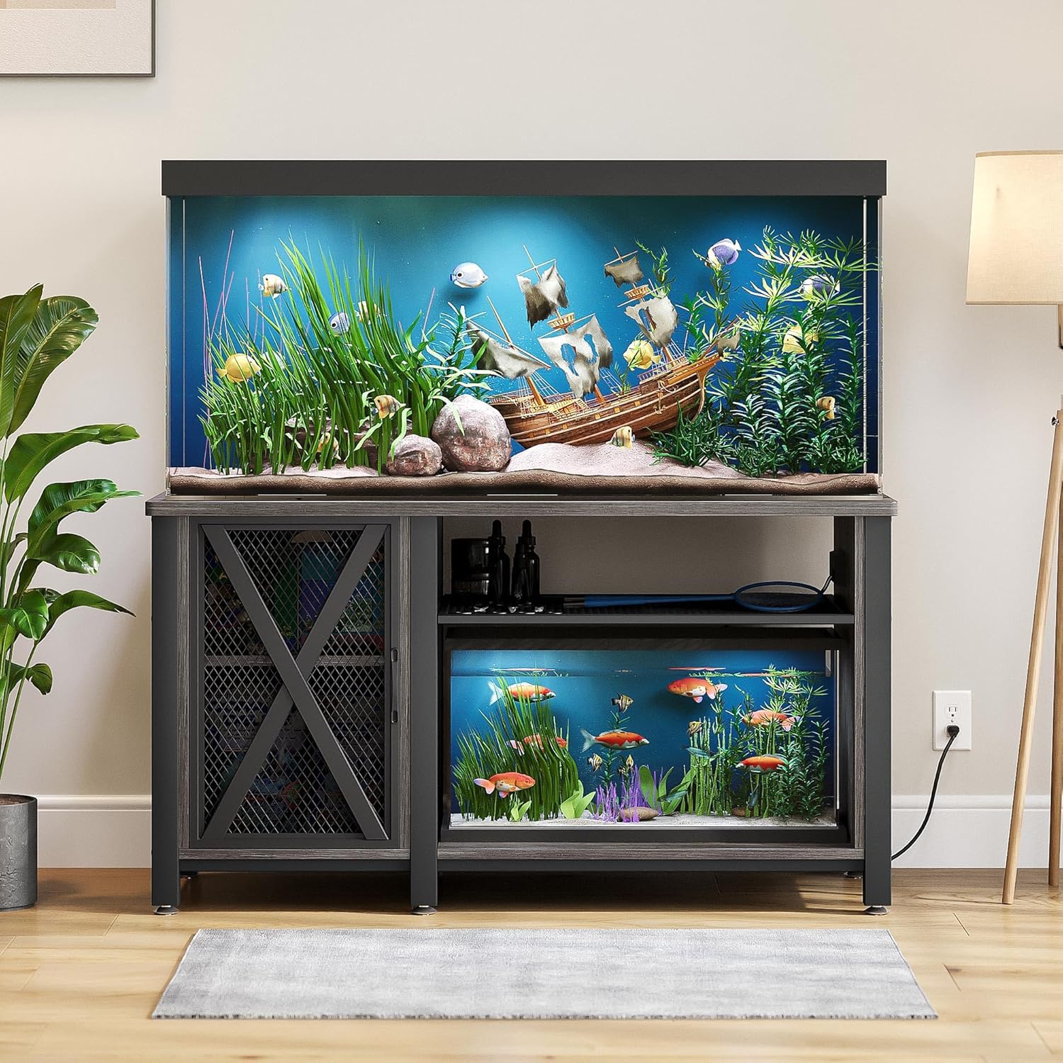 DWVO 55-75 Gallon Aquarium Stand With Power Outlets - Heavy Duty Metal Fish Tank Cabinet, 860LBS Capacity