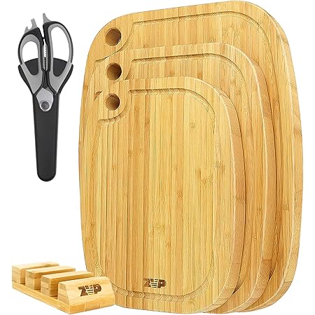ZVP Extra Thick Bamboo Cutting Board for Kitchen 5 Pieces, Extra Large Wood Chopping Board Set with Multifunctional Kitchen Scissors, Storage Holder, for Meat Cheese and Vegetables, Natural Color