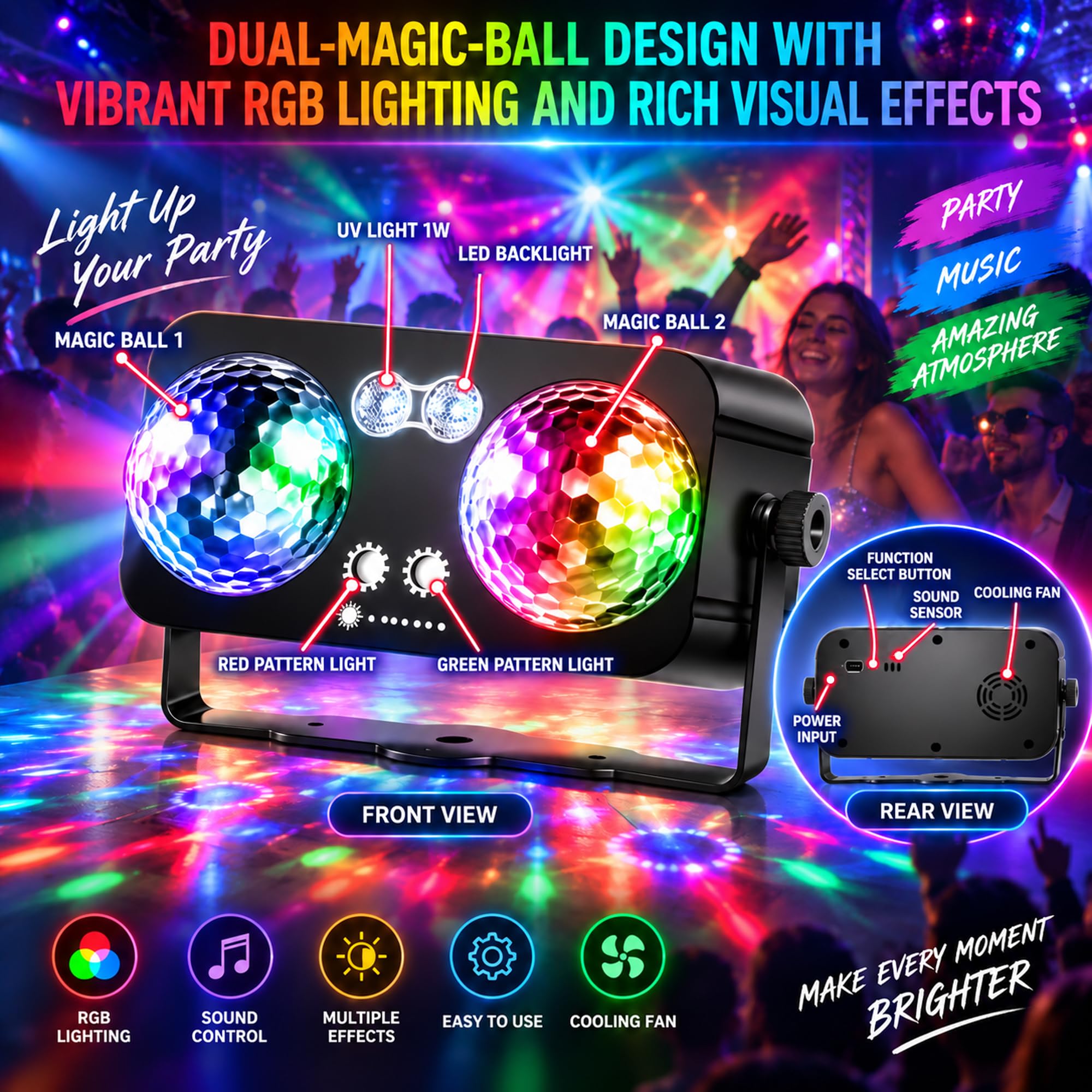 Luz de discoteca con bolas de discoteca duales, luces de fiesta