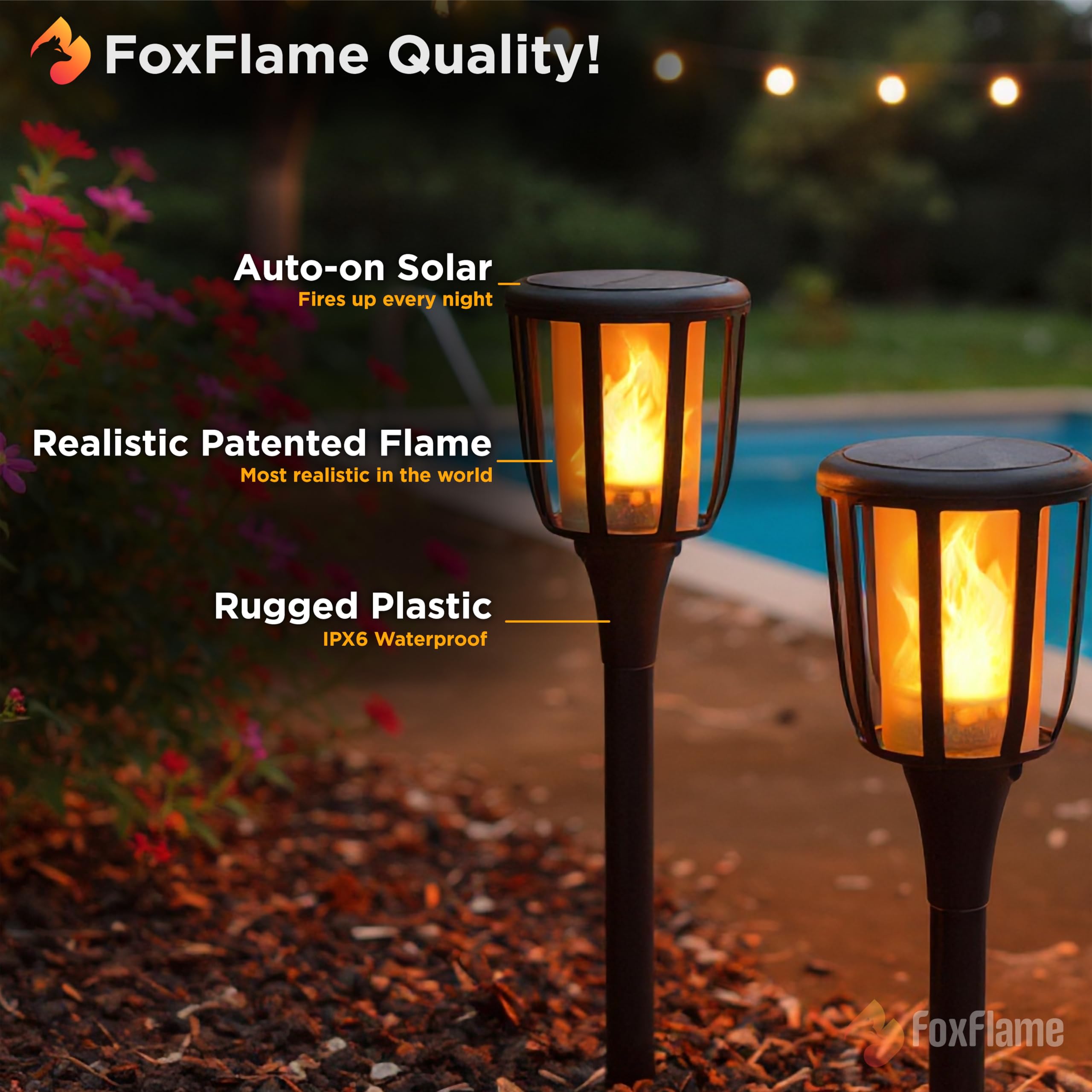 FoxFlame Rustikale Solar-Landschaftslichter, realistische flackernde Flamme, patentierte LED, verstellbare Höhe, Wegelichter, solarbetriebene Taschenlampe mit Stangen für Garten, Hof und Terrasse