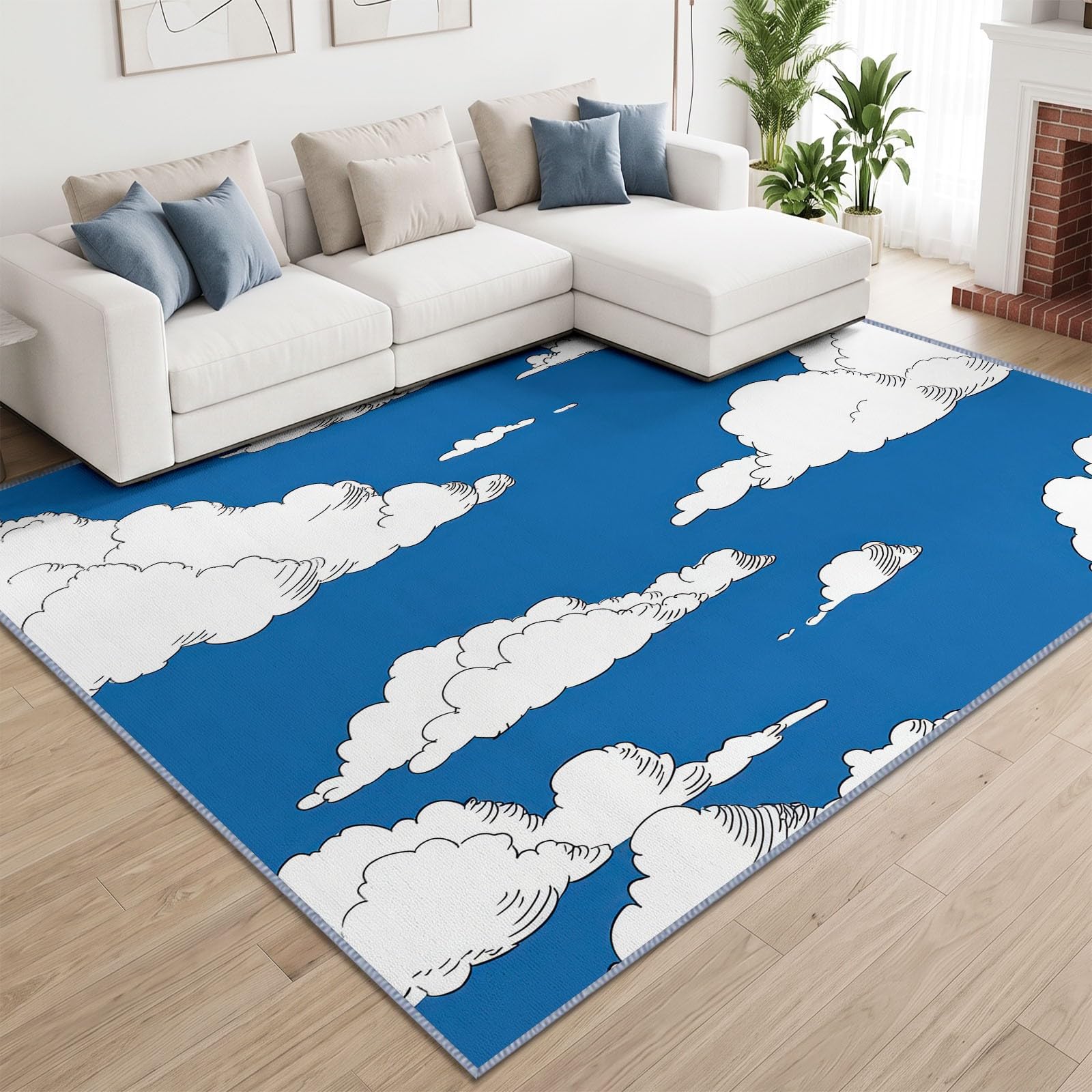 Tappeto lavabile in stile acquerello con cartoni animati per soggiorno, 80 x 150 cm, motivo: cielo blu, nuvole bianche, antiscivolo, a pelo corto, per camera da letto, sala da pranzo, cucina, casa e
