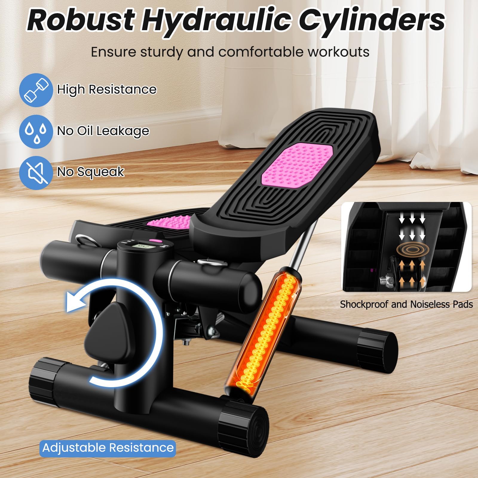 KOMFOTTEU Domowy mini step fitness, hydrauliczny stepper z taśmami oporowymi, regulacją wysokości, ekranem LCD, antypoślizgowymi pedałami, sprzętem cardio do treningu ciała, ćwiczeń