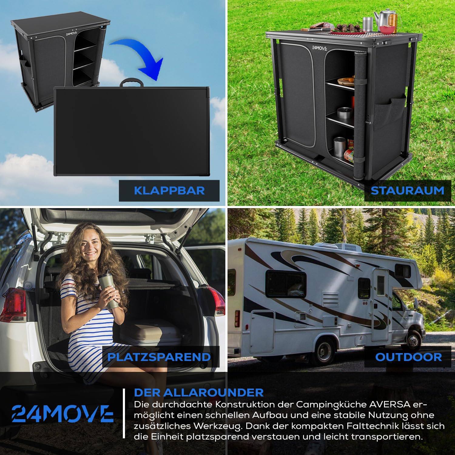 24MOVE® Campingküche, Faltbare Outdoor Küche Arbeitsplatte, MDF Einlegeböden, Besteckfächern, Tragegriff