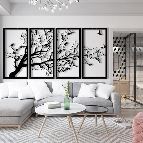 Miniatura 8 de Arte de pared de metal, 4 paneles de decoración del árbol de la vida, decoración de árbol de metal, colgantes de pared de metal, letrero de árbol,