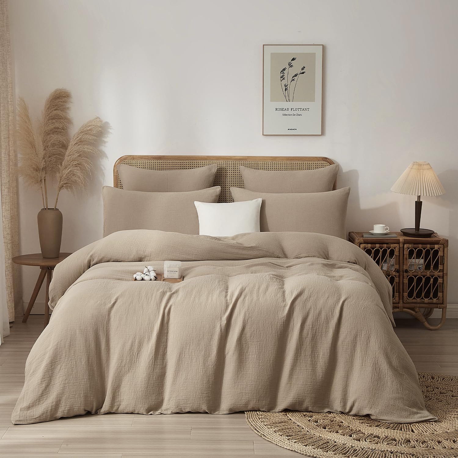 Luofanfei Juego de ropa de cama de muselina de 220 x 240 cm, color marrón topo y caqui, estilo bohemio, refrescante, para verano, suave, no necesita planchado, con cremallera y fundas de almohada de