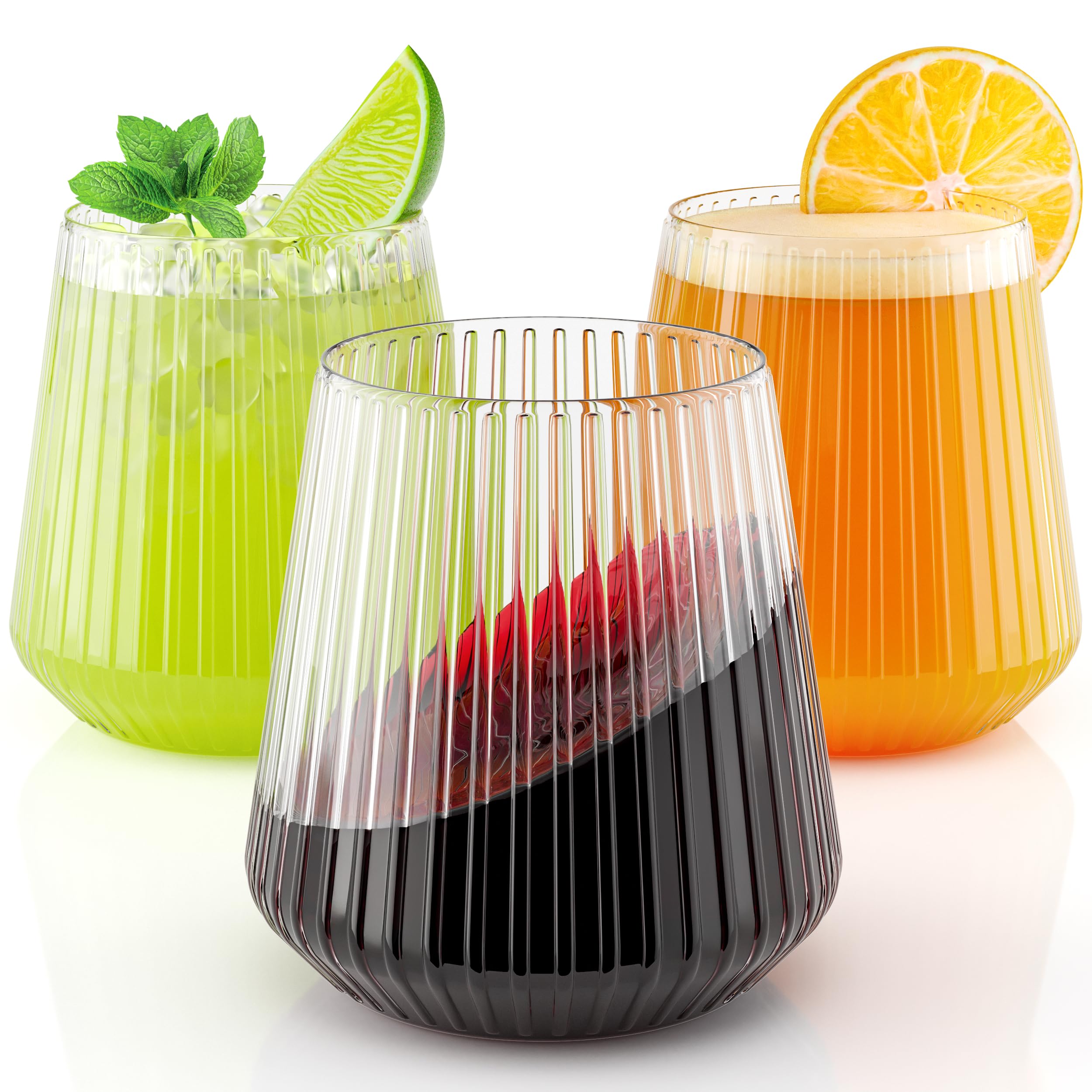 Exquisite Einweg-Weingläser ohne Stiel, unzerbrechlich, ohne Stiel, 340 ml, gerippte Kunststoffbecher, wiederverwendbar, transparent, Partybecher, Einweg-Cocktailglas für Hochzeiten und