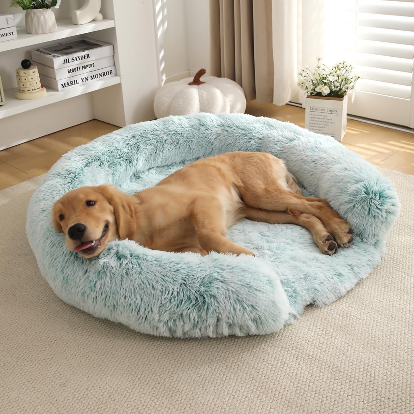 Cama esponjosa para perros grandes, tapete en forma de C con forro impermeable, funda extraíble, lavable y antideslizante (aguamarina, XL)