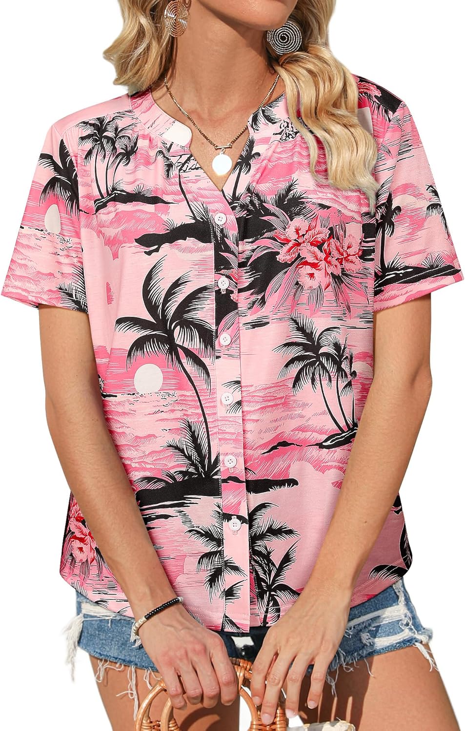 Womens Hawaiian Shirts V Neck Short Sleeve Button Floral Printed T-Shirt Summer Casual Pleated Trendy Blouses Tops - Image 4
