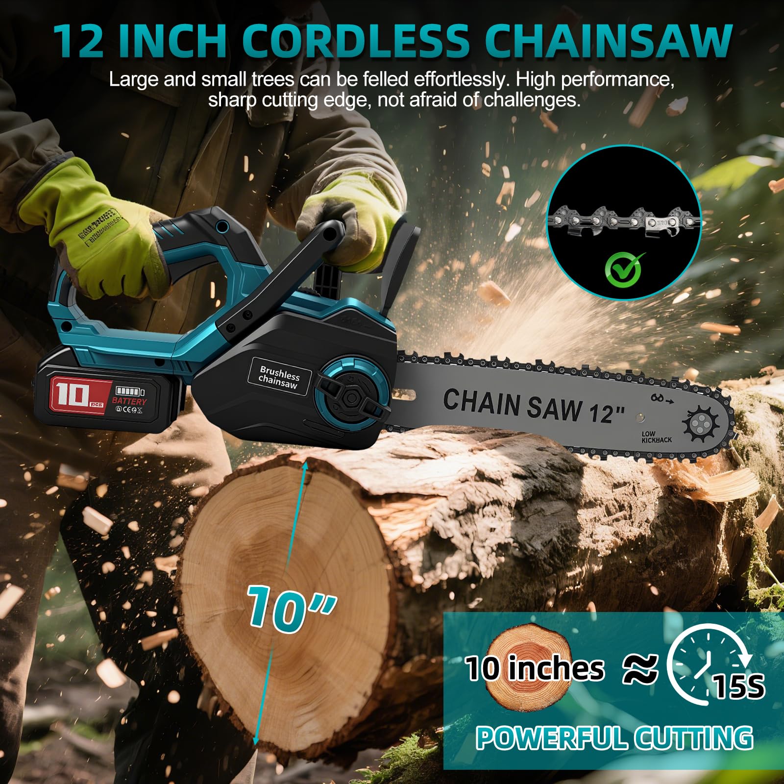 WingFly Motosierra Eléctrica 12 pulgadas con Batería de 6000 mAh, 1200 W | Brushless Motosierra de Mano, Engrasador automático, Sierra de podar eléctrica para cortar madera, árboles, Jardinería