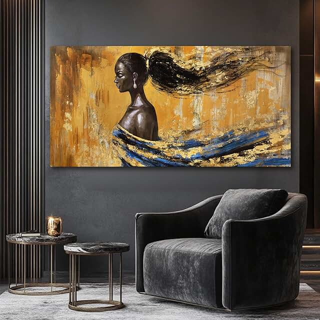 YETHEN WAL Black Woman Wall Art, Gold Accent Abstract Canvas Prints, Blu...