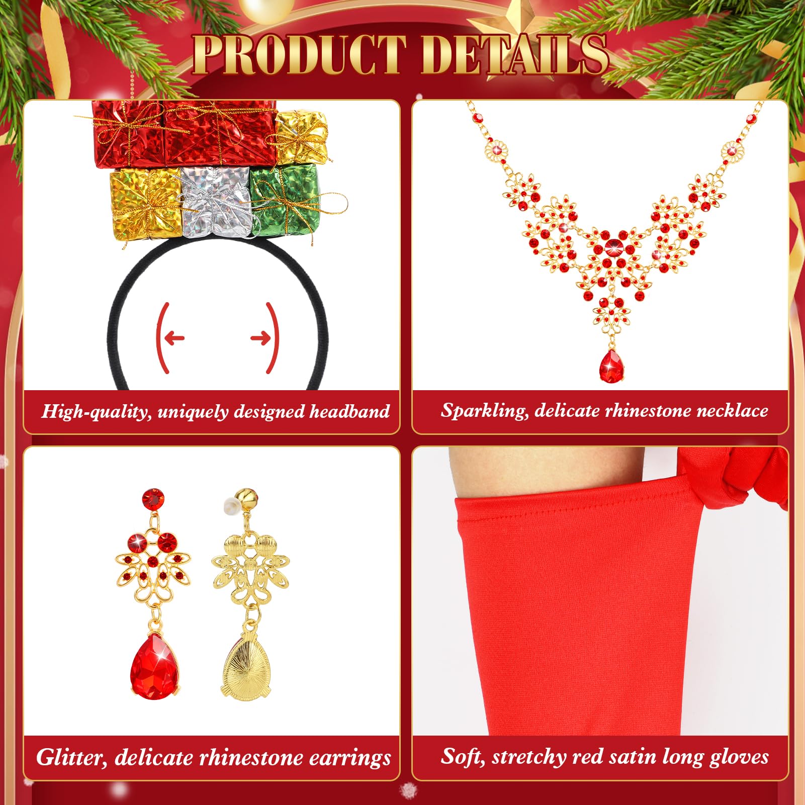4PCS May Christmas Costume Women, Colorful Gift Headband Sparkly Necklace Earrings Red Gloves Set - Image 3