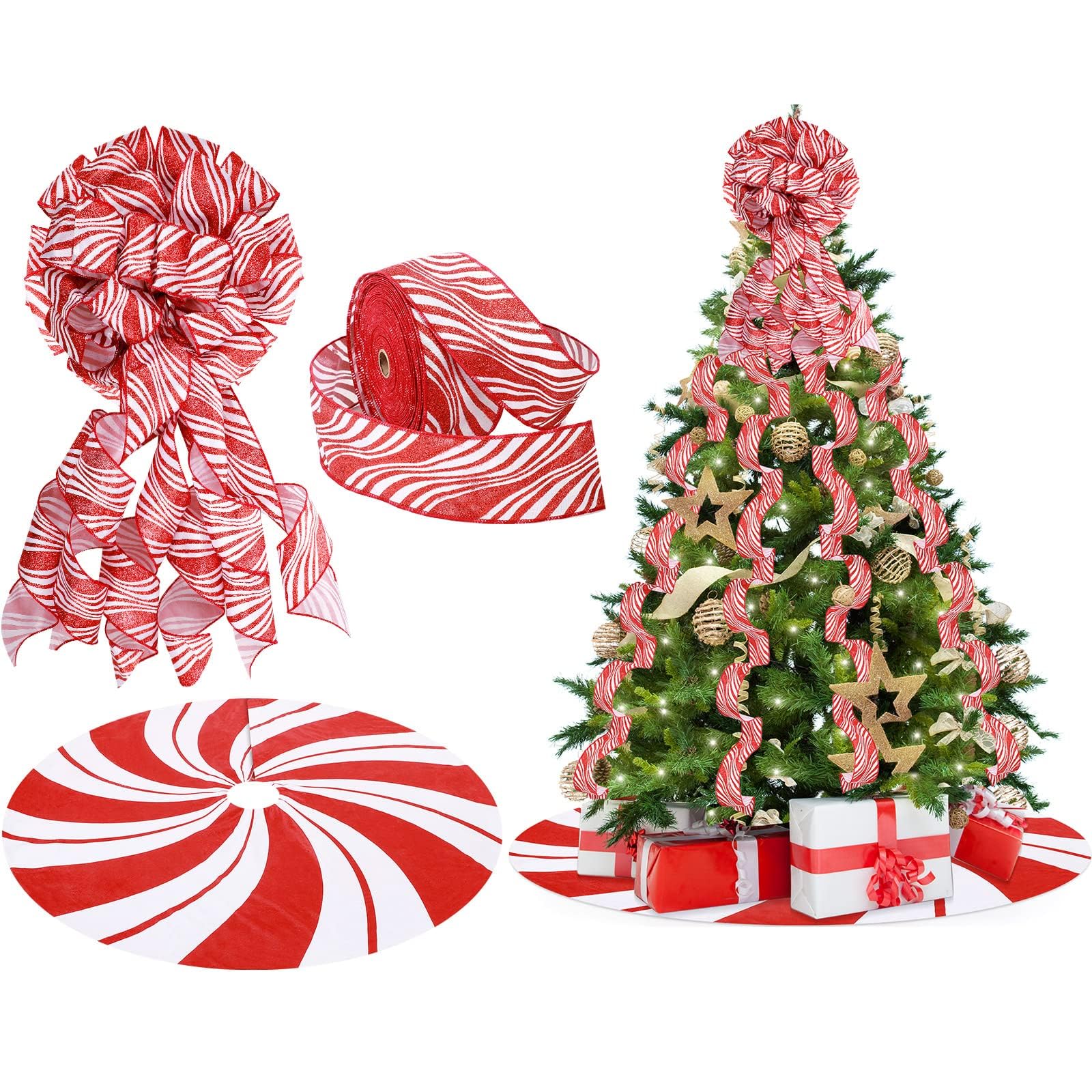 L'ensemble de décoration de sapin de Noël comprend un nœud pour cimier de sapin de Noël, un ruban à bandes décoratives, une jupe de sapin de Noël avec anneau annuel pour ferme, couronne, décorations