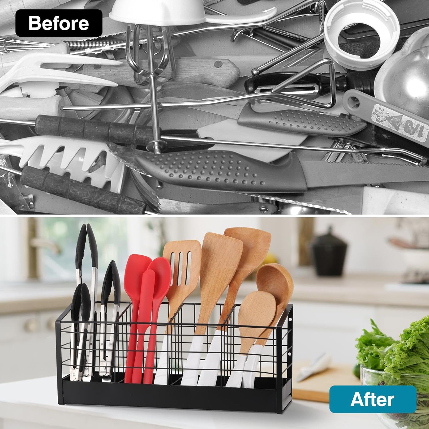 acDesign Kitchen Utensil Holder with 4 Compartments Wire Cooking Cooking Utensil Holder Organizer for Kitchen Countertop, Spatula, Tong, Spoon