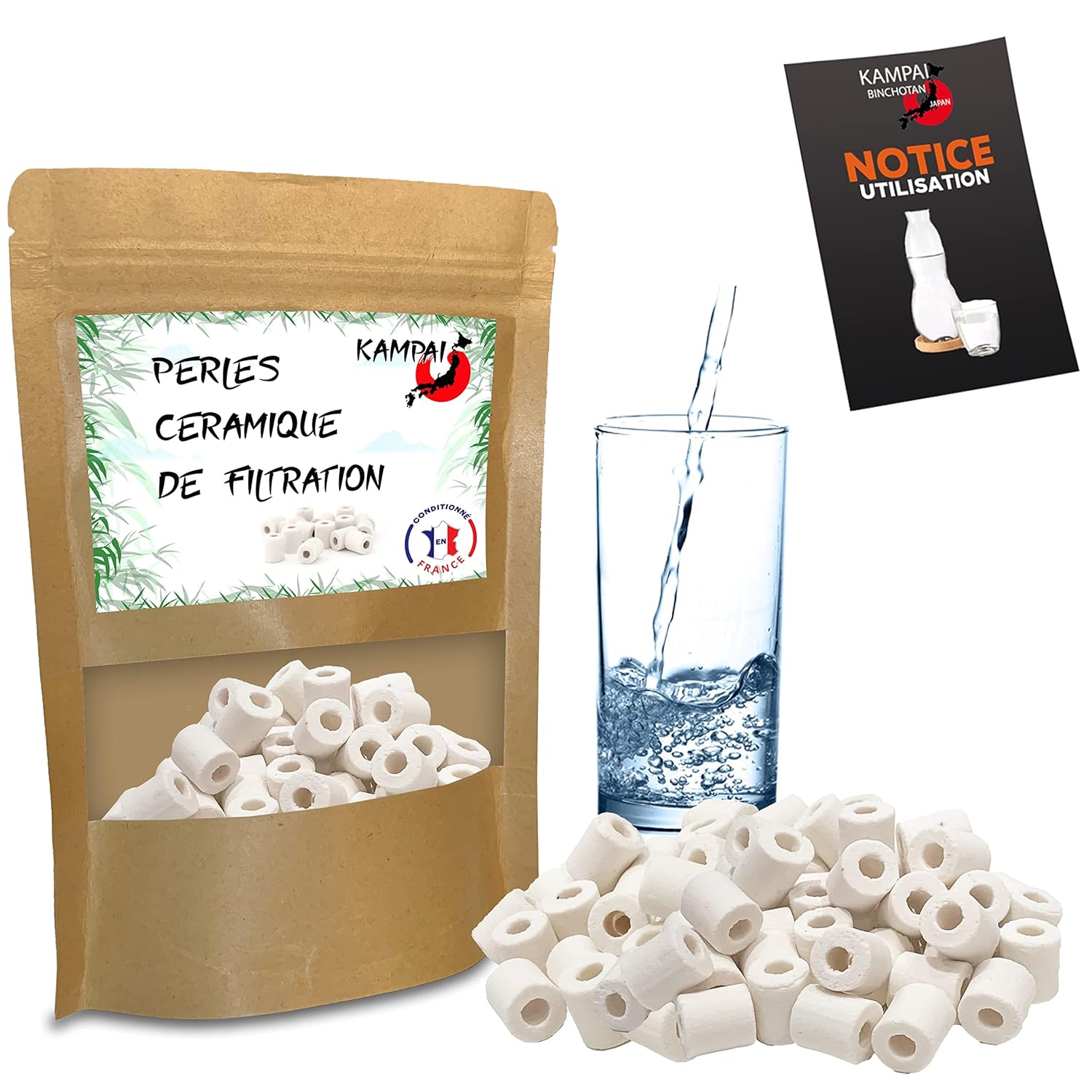 KAMPAI 50x auténticas perlas de cerámica de filtración | Purificación natural de agua grifo | Filtro antical, Cloro Mala Gota | Ideal Jarra de café
