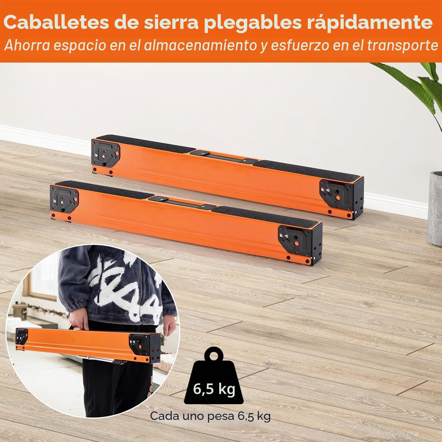 FANTASK Juego de 2 bloques de sierra plegables, caballetes de trabajo portátiles, robustos soportes de metal para carpintería, caballete de sierra con mango, soporta hasta 500 kg