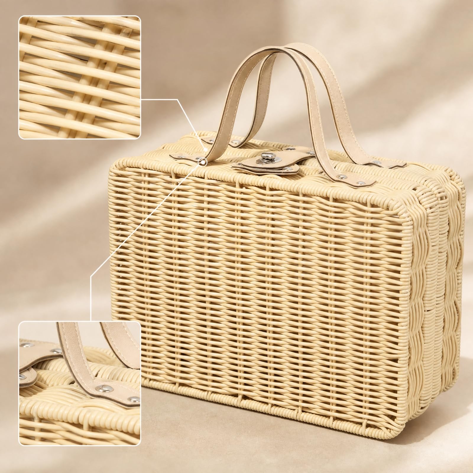 Estuche Tejido Ratán Sintético Ligero Cesta Rectangular Mimbre Sintético Estuche con para Picnic, Organización l Hogar