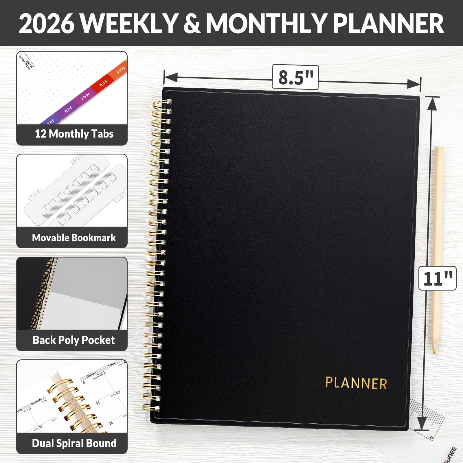 SUNEE 2026 Weekly and Monthly Planner - from January 2026 - December 2026 Daily Agenda Planner with Monthly — view 4