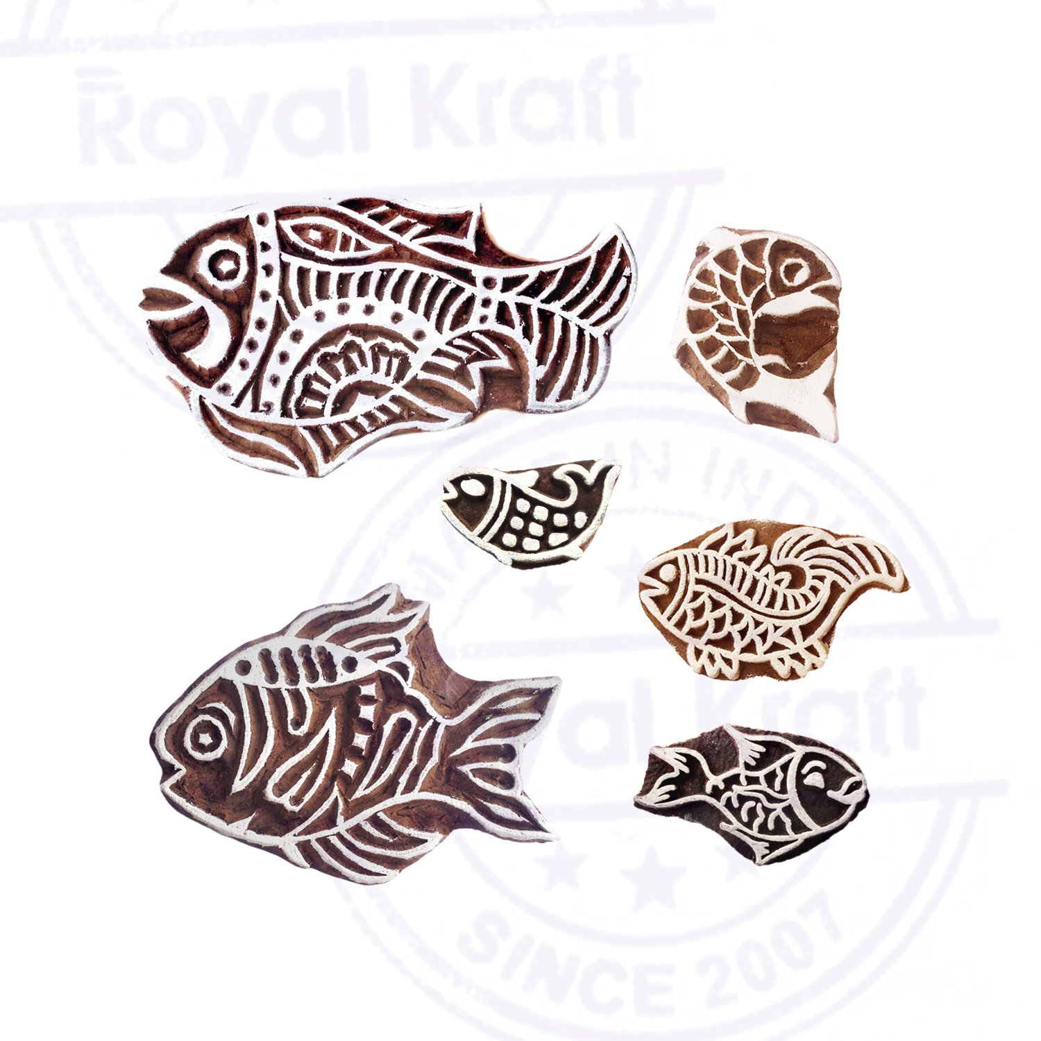 Royal Kraft Pottery Printing Blocks Retro Fish Pattern Wooden Stamps (Set of 6), Htag1958, 1 to 2.5 Inches - Image 2