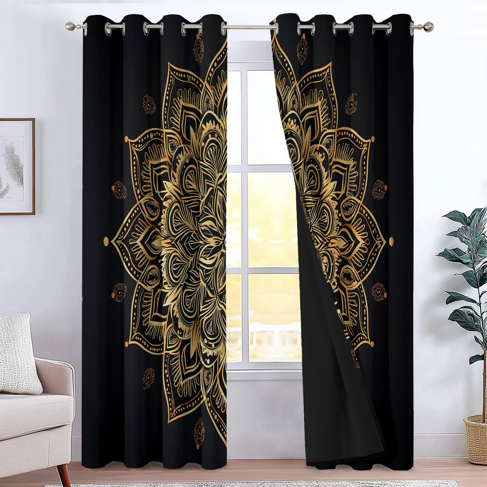 Rideaux occultants enfant pour chambre au style mandala noir et or élégant