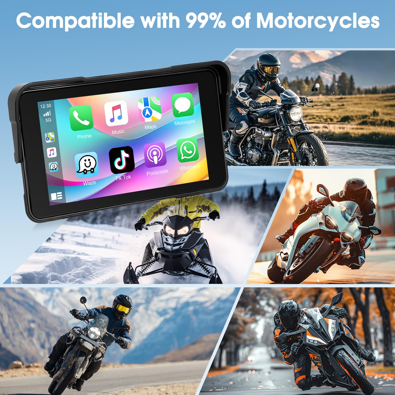 A-pple CarPlay Display Moto Android Auto IP68 Touchscreen HD 5 Pollici Autoradio Portatile Navigazione GPS Bluetooth Radio FM