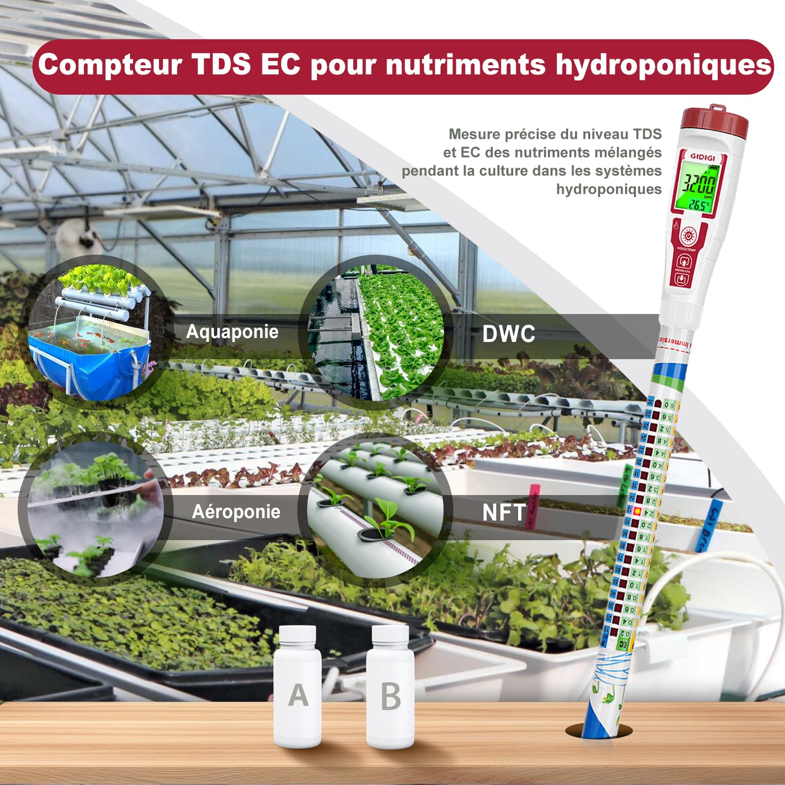 GIDIG Testeur de Nutriments PPM Meter Hydroponics TDS Meter Testeur D'eau Numérique (EC/PPM500/PPM700/CF) Compteur Hydroponique avec Indicateur S'applique à DWC de Testeur de Conductivité