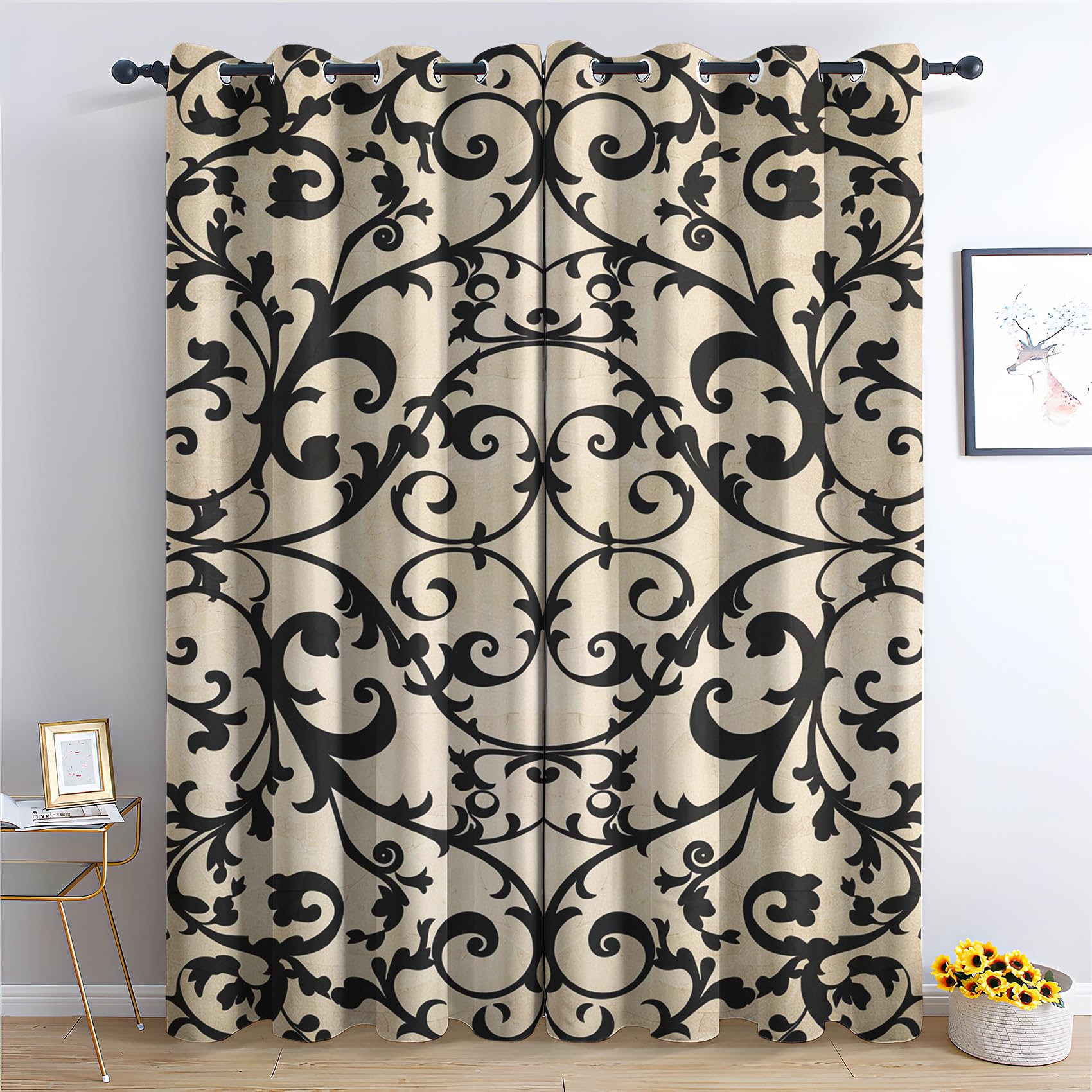 Rideaux Occultant Vintage, Rideau Isolant Thermique pour Salon Chambre, Rideaux Motif Ethnique, Lot de 2 Rideaux Opaque à Oeillets 140x240cm LxH
