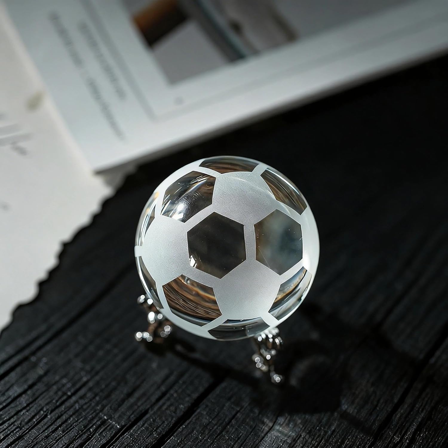 HDCRYSTALGIFTS 60mm Soccer Crystal Ball Figurines with Stand Glass Decorative Ball Sphere Football Paperweight Gift for World Cup Sport Fan Home Office Table Decor