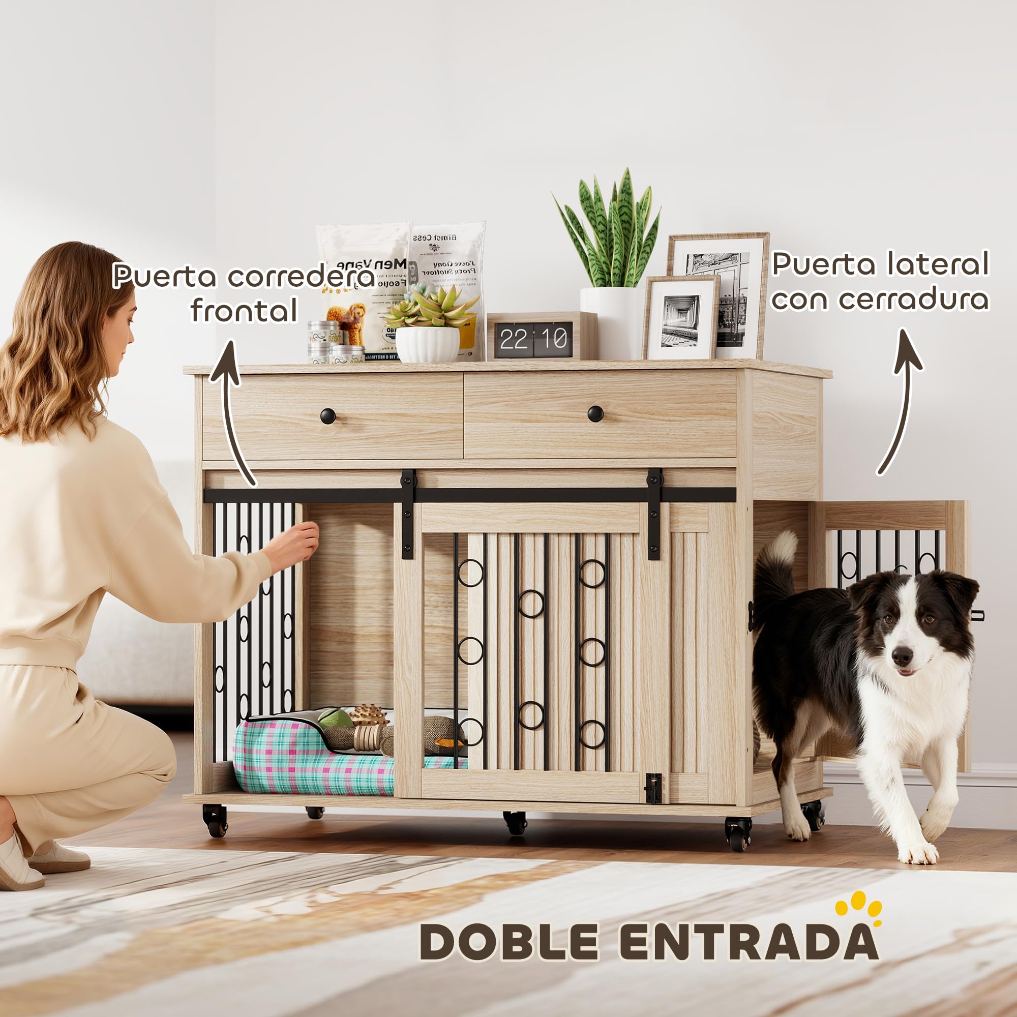 PawHut Jaula para Perros con Ruedas, Mesa Auxiliar, Casa para Mascotas Moderna con 2 Cajones, 2 Puertas y Cierre, para Perros Medianos y Grandes, 100x56x81 cm, Roble