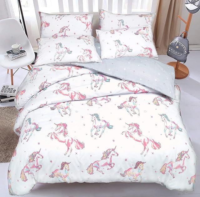 Sleepdown Rainbow Unicorn Horse White Grey Reversible Magical Stars Soft Easy Care Duvet Cover Quilt Bedding Set with Pillowcases - Double (200cm x 200cm)