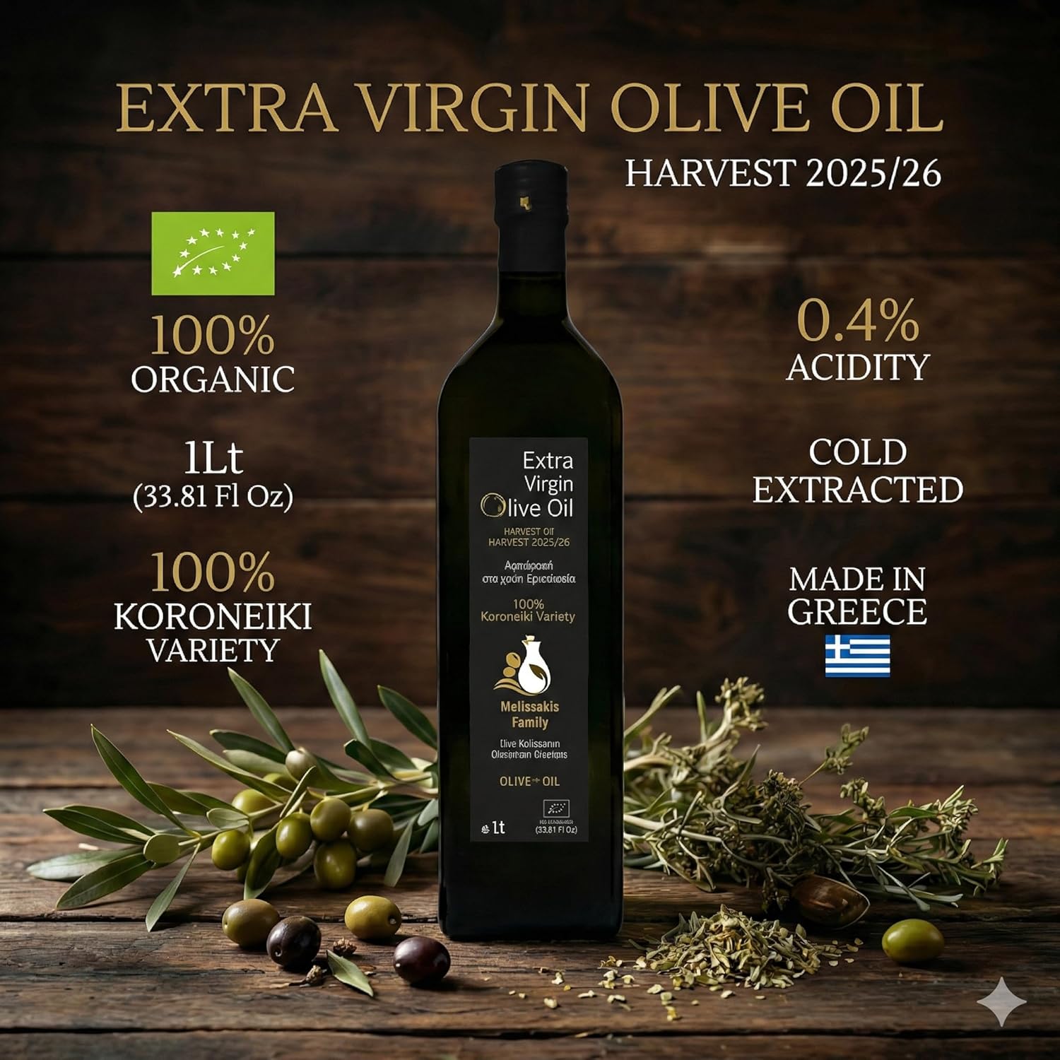 Melissakis Family Certified ORGANIC Extra Virgin Olive Oil 1Lt(33.81 Fl Oz) from Crete, Greece Cold Extracted