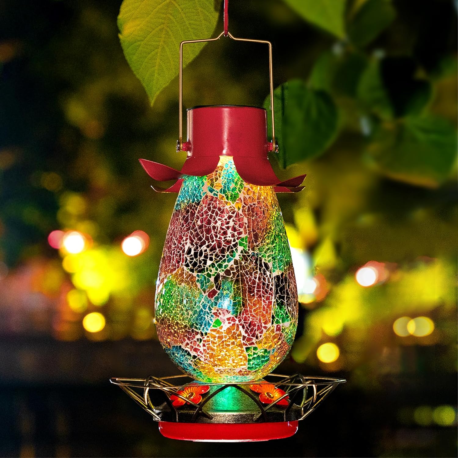 LED Solar Hummingbird Feeder for Outdoors, Multicolor Glass Mosaic Hanging Humming Bird Nectar Bottle with 4 Flower Feeding Stations for Outside, Waterproof Garden Decor Light (Ring Perches)