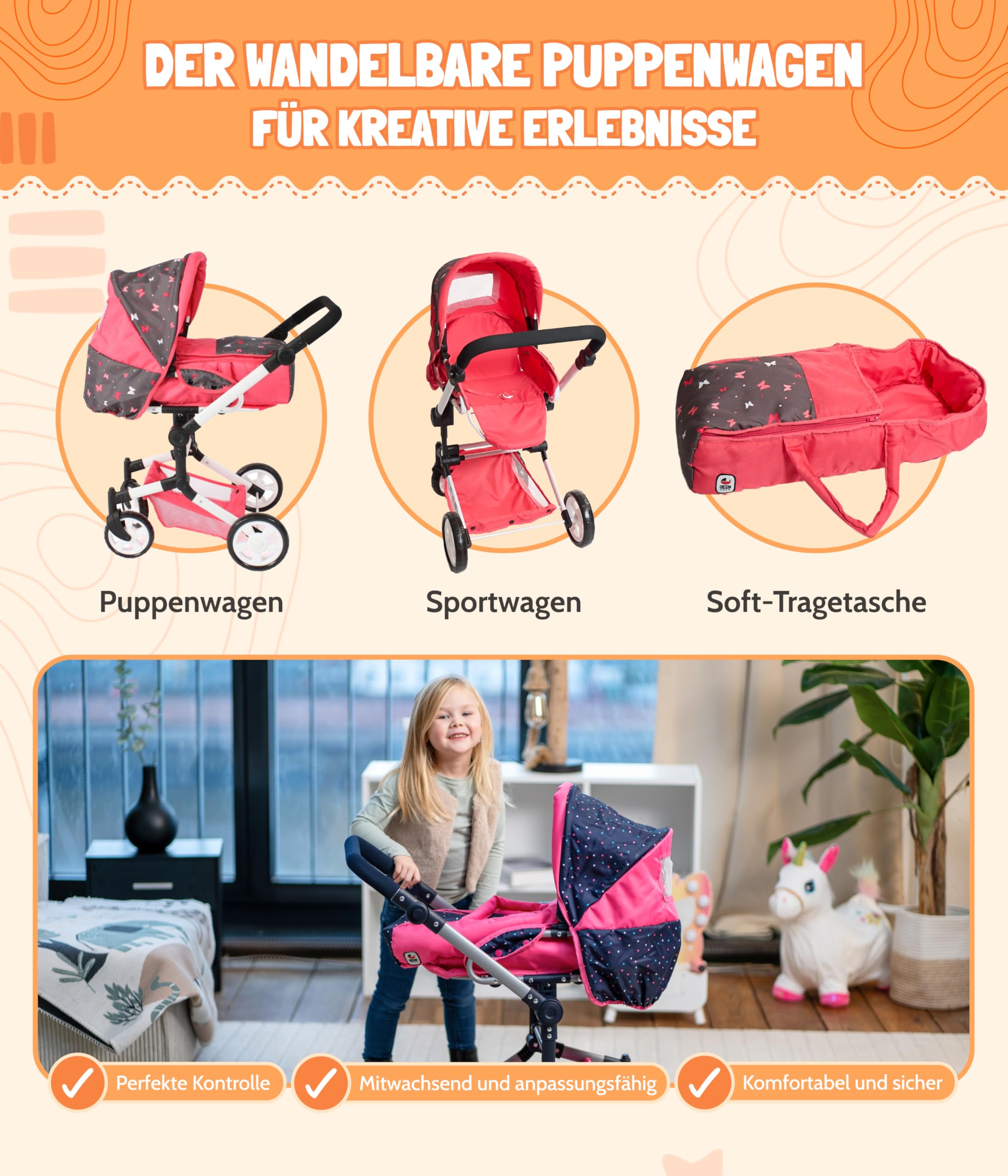 Bayer Chic 2000® Wózek dla lalek Jara 3 w 1 – Butterfly Coral – składany, uchwyt z regulacją wysokości 47-78 cm – torba do przenoszenia – lalki do 52 cm, 4-8 J.