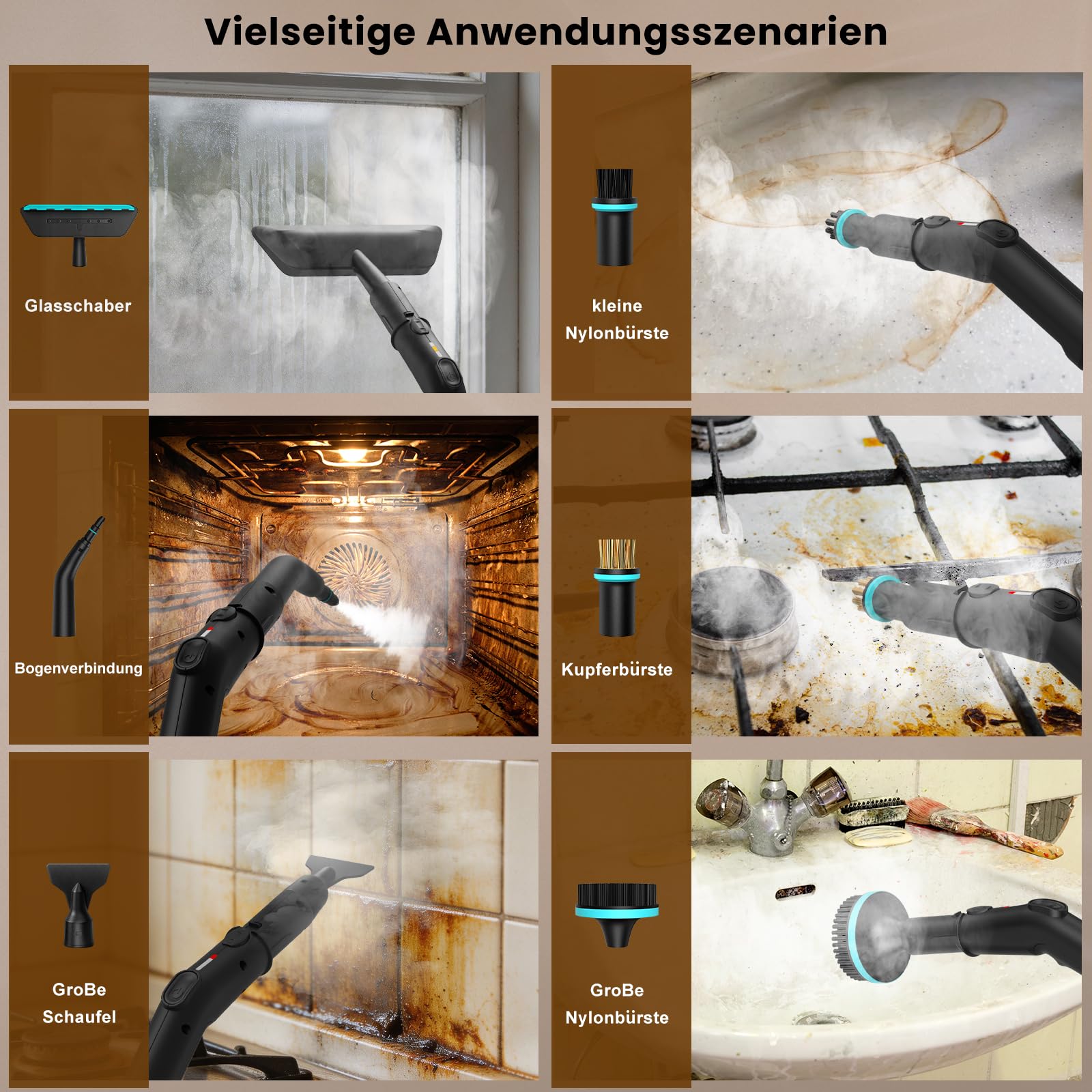 14 en 1 Nettoyeur Vapeur, 3 Niveaux Poignée Réglable, Affichage Température, 15s en Chauffe,1,8L Réservoir, pour Cuisine, Salle de Bain, Voiture et Meubles (Noir et Or)