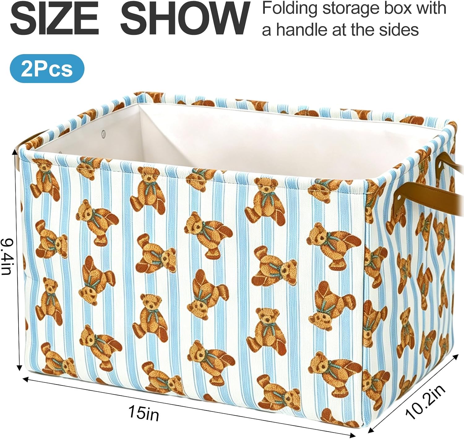 JarThenaAMCS 2 Pcs Cute Bear Storage Basket with Handles Blue Striped Bear Cube Storage Bin Foldable Fabric Container Organizer Box for Home Office Dorm Closet Shelf Toy