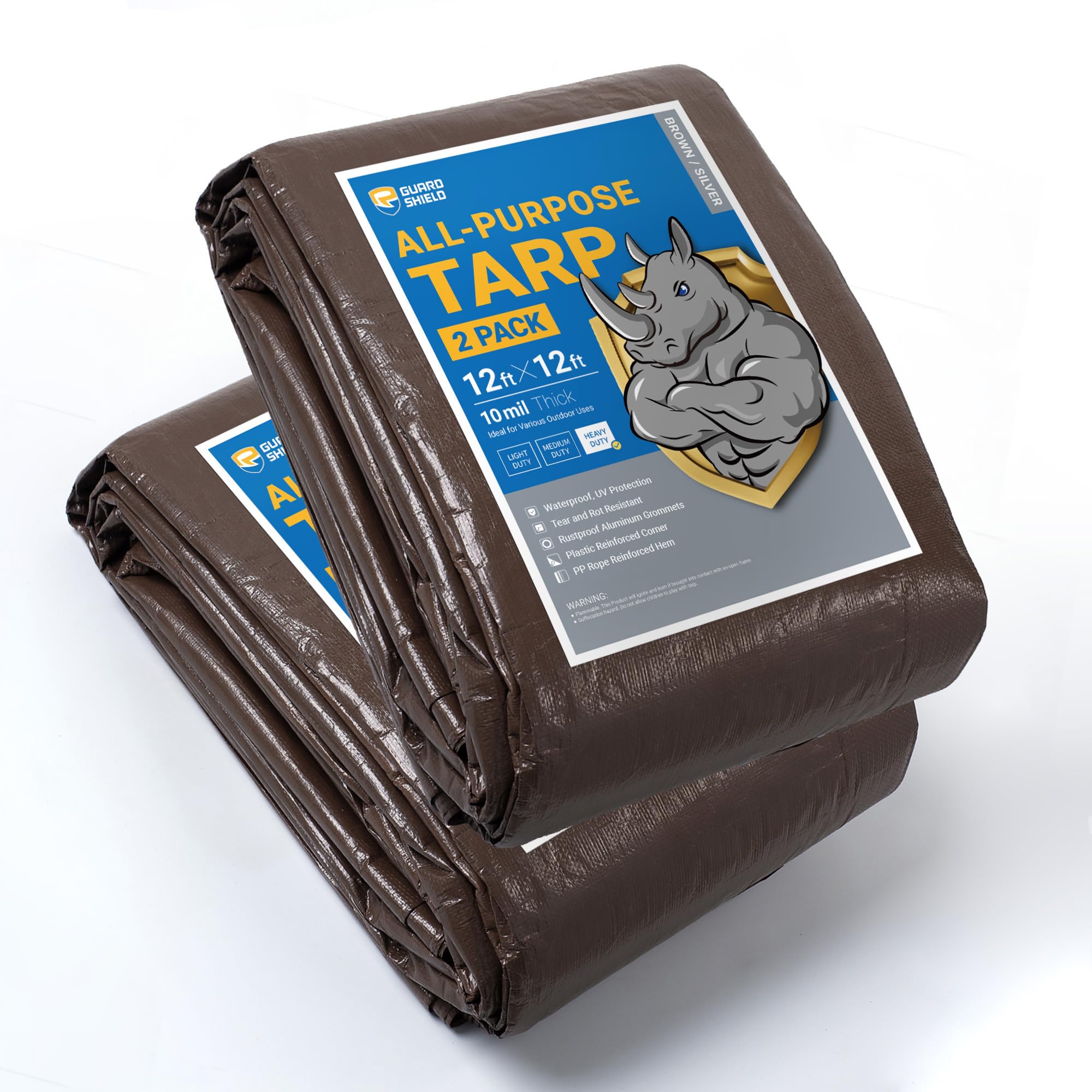 GUARD SHIELD Tarps Heavy Duty Waterproof 12x12 Feet Brown/Silver Poly Tarp Cover Outdoor Thick UV Resistant Tarpaulin with Grommets 10mil (2-Pack)
