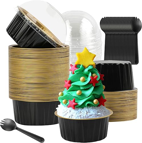 Miniatura 22 de 50 moldes para hornear con tapas, mini moldes de aluminio de 4 onzas con tapas, moldes desechables, moldes individuales para tartas, forros