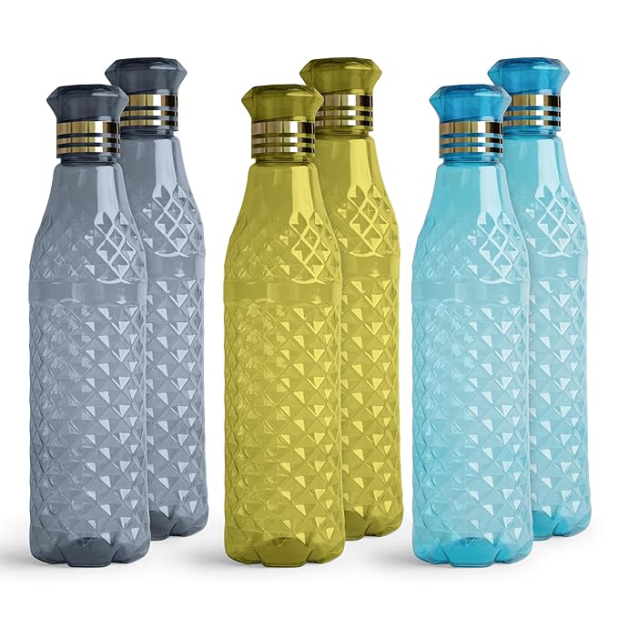 HW Kitchen Plastic Water Bottle I Water Bottle 1 Ltr | Ideal For Kitchen Home Office Travel Small Fridge For Room Gym| Unbreakable & Leak Proof I BPA Free | Set Of 6 Water Bottles, Assorted