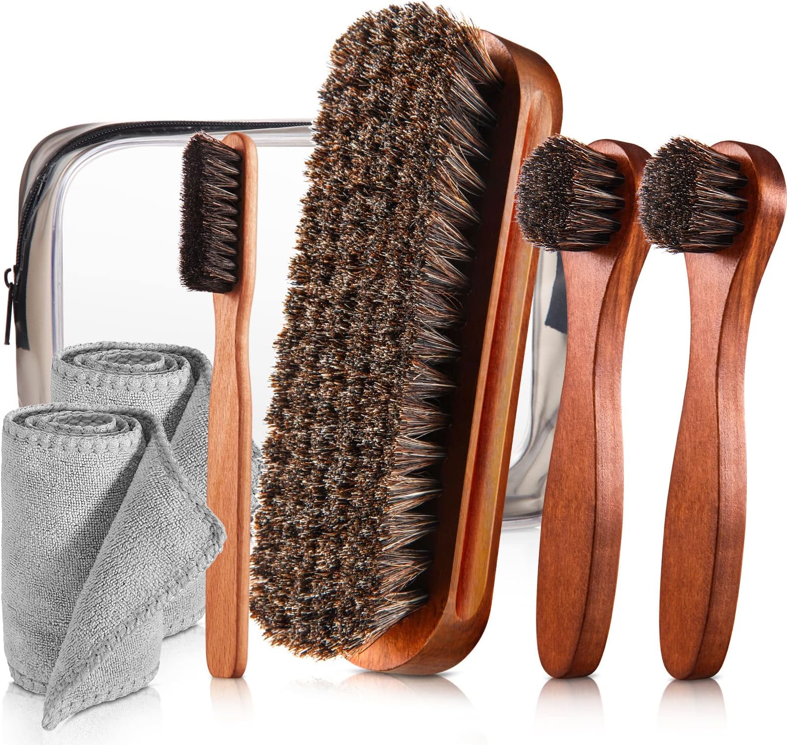 7 Pcs Horsehair Shine Shoes Brush Kit Polish Dauber Applicators Cleaning Leather Shoes Boots Care Brushes Suede Cleaner Brush with Microfiber Shoe Cloth(7 Pcs Style C)