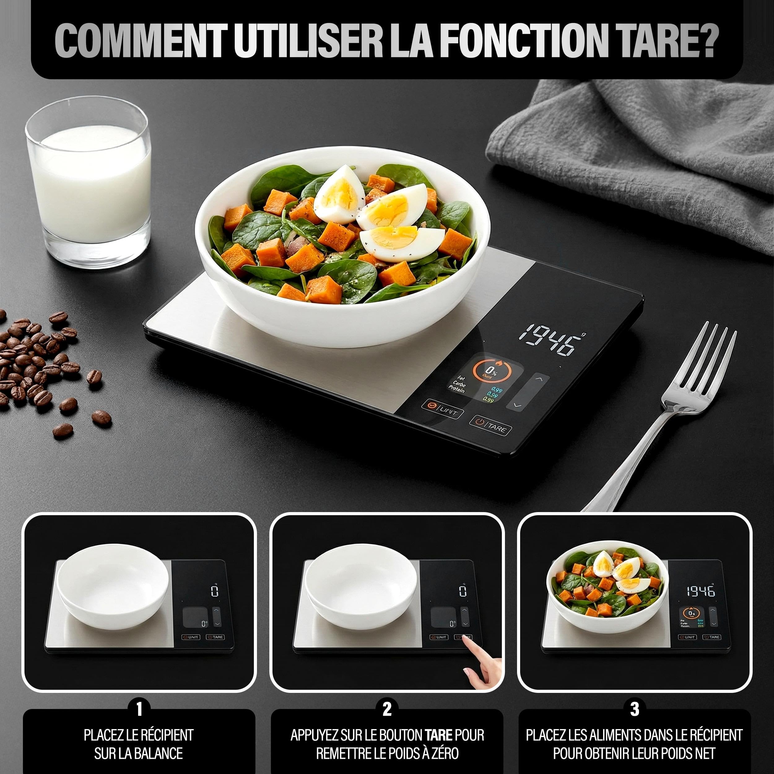 Balance Cuisine Alimentaire Calcul Calories Protéines Glucides Lipide | Balance de Cuisine Nutritionnelle Précision 1g | Écran TFT Couleur, 50+ Aliments Intégrés, App Fitdays+ iOS/Android