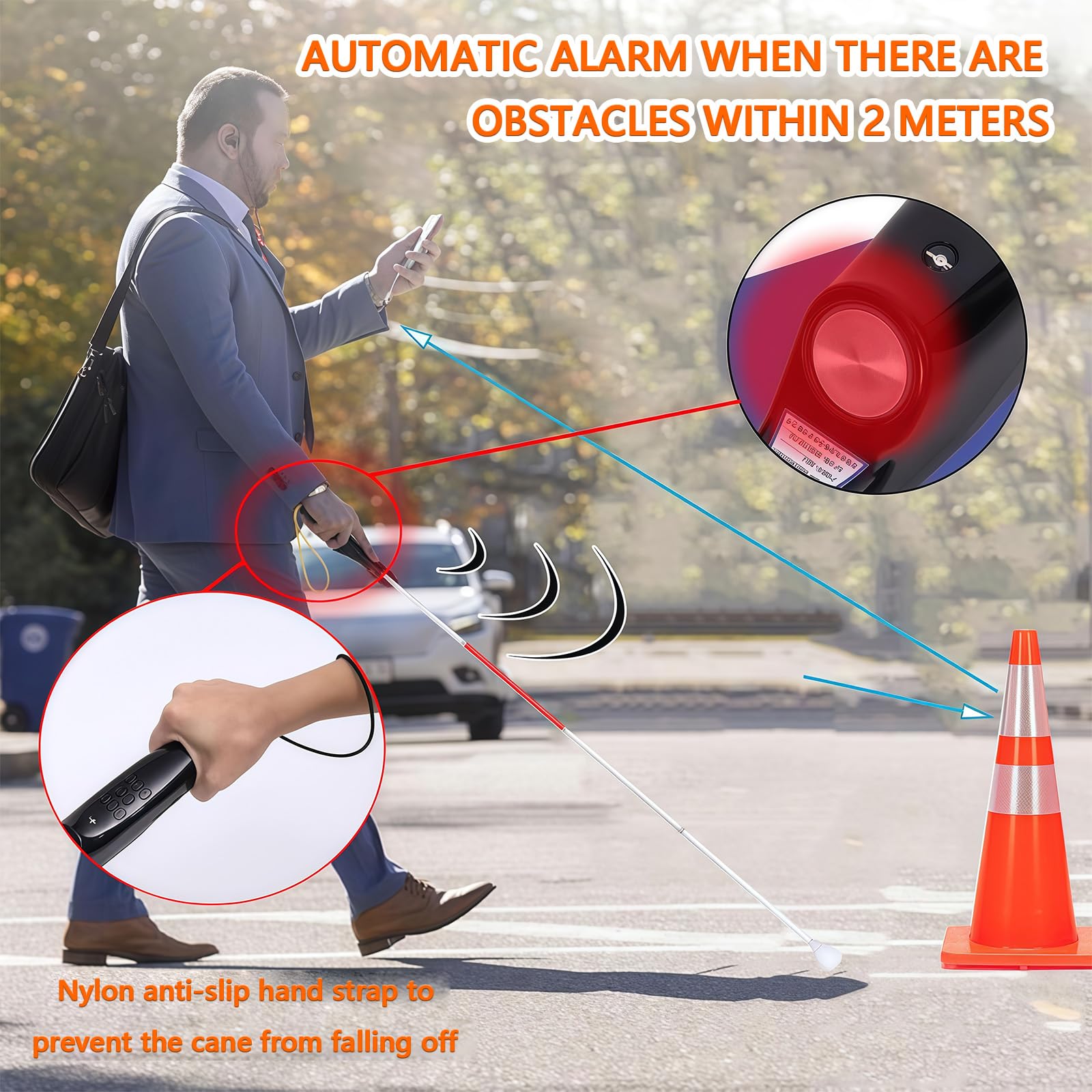 BastóN TelescóPico Inteligente para Invidentes, BastóN ElectróNico con GuíA por Voz para Invidentes, Plegable Reflectante De AleacióN De Aluminio, DeteccióN De ObstáCulos
