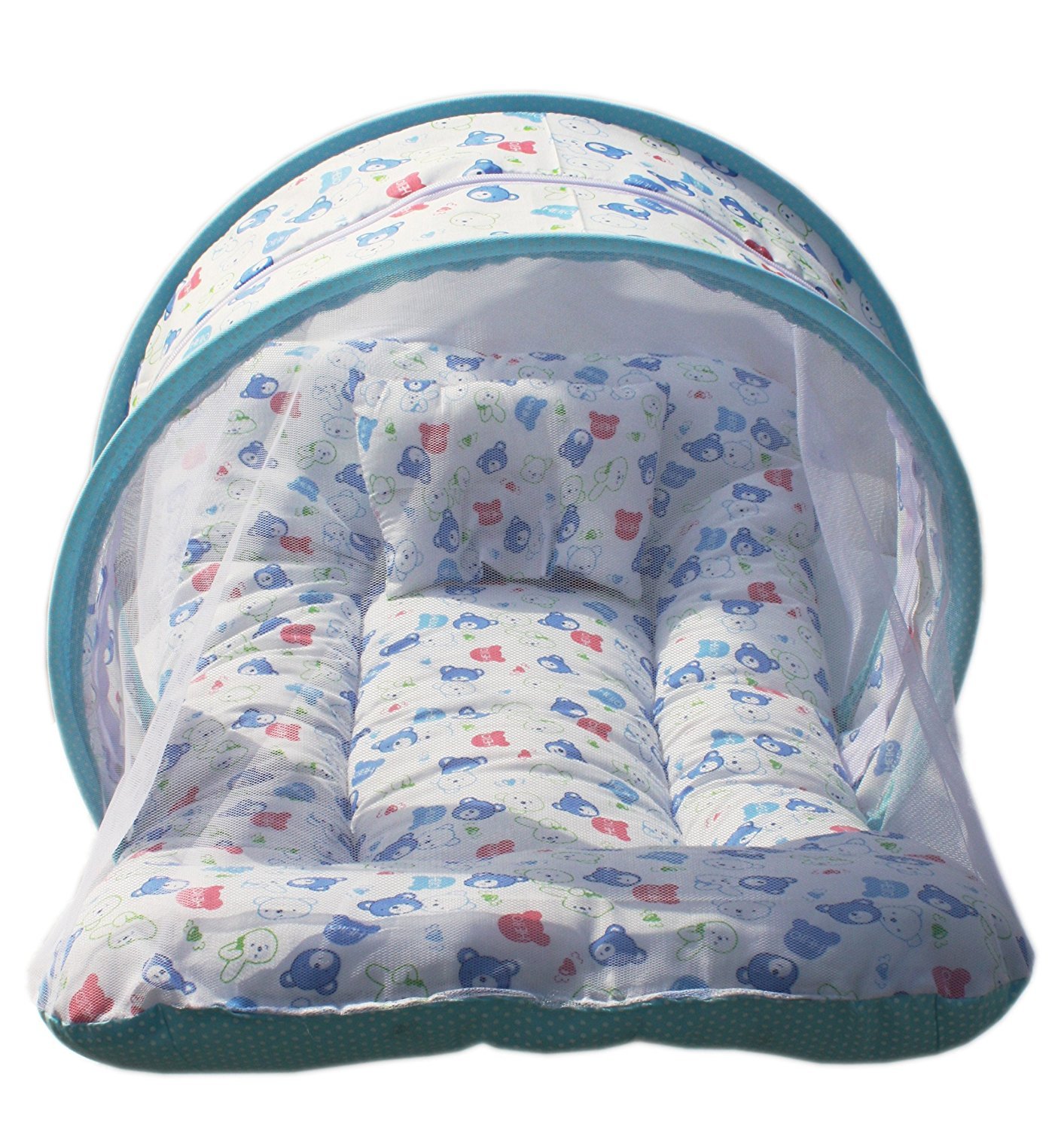 AMARDEEP Toddler Mattress with Mosquito Net Blue Teddy Print 70 * 40 cms