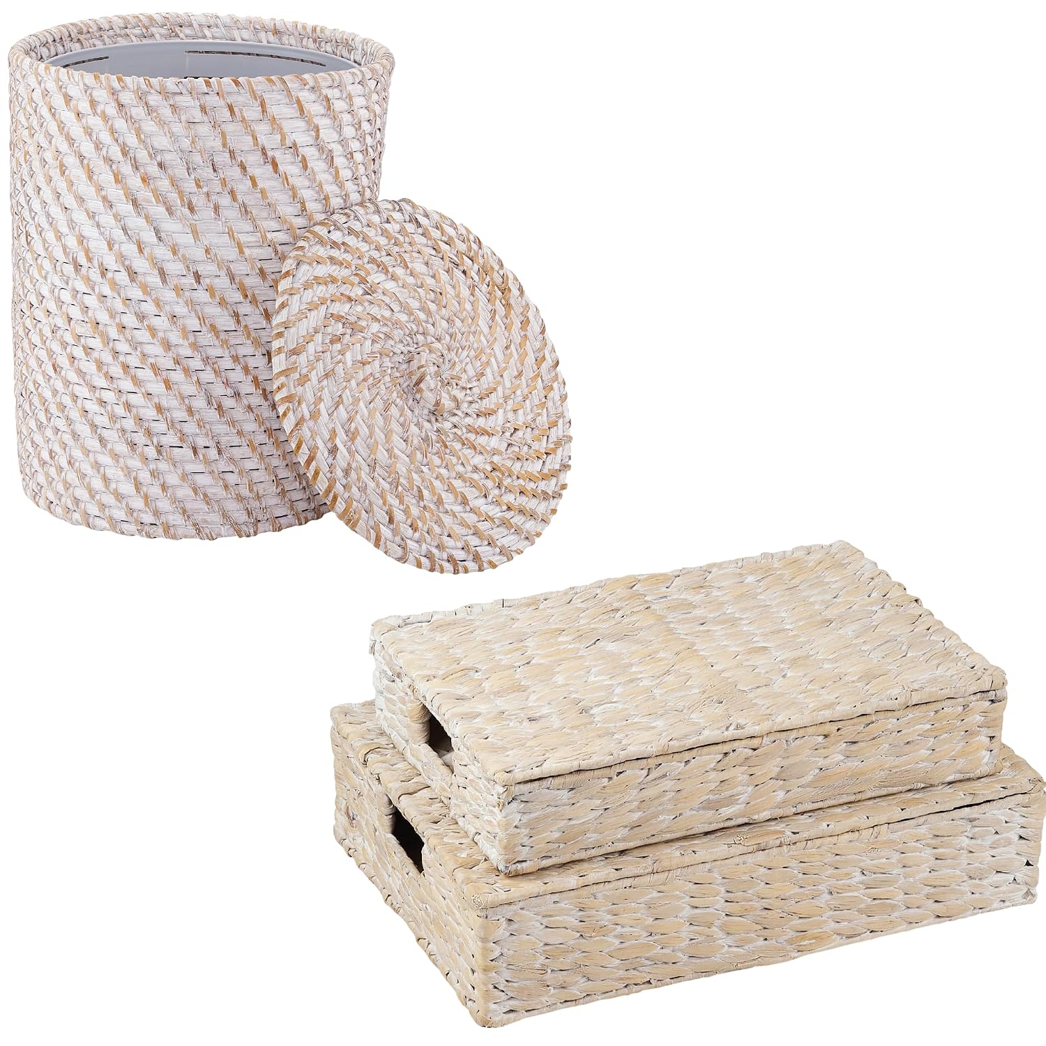 84ECO Wicker Trash Can with Lid and Liner and Set of 2 Decorative Storage Boxes with Lids, White
