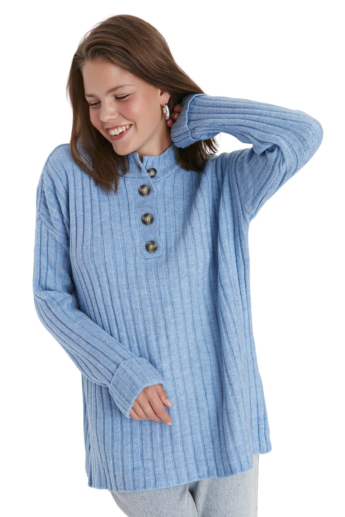 Trendyol Women's Modest Relaxed Crew Neck Sweater, Blue, M, 77% Acrylic 23% Polyester, Model TCTAW23AK00035