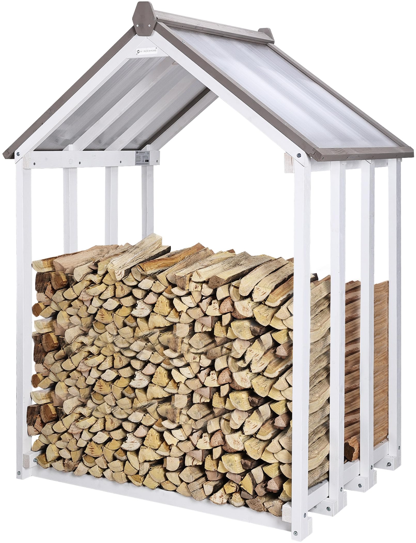Design Kaminholzregal aus Holz mit Dach außen, Brennholzregal Holzlager-Regal Feuerholzregal Kaminholzunterstand Kaminholzlager klein Brennholzlager draußen Outdoor, 1,8 SRM, weiß grau